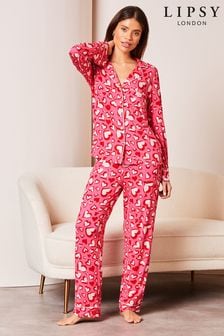 Lipsy Pink Heart Jersey Long Sleeve Shirt And Trousers Pyjamas (K68737) | AED163