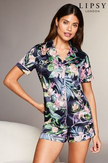 Lipsy Black Tropical Petite Satin Short Sleeve Shorts Pyjamas (K68744) | SGD 63