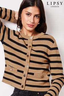 Lipsy Black and Camel Knitted Stripe Button Through Cardigan (K69064) | $73