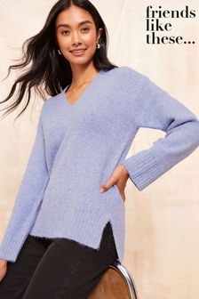 Friends Like These Blue Marl V Neck Cosy Jumper (K69102) | $60