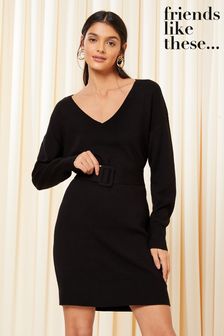 Friends Like These Black V Neck Belted knitted Dress (K69106) | 208 QAR