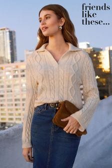 Friends Like These Cream Cable Collared Jumper (K69116) | SGD 81