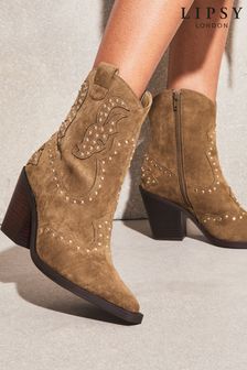 Lipsy Tan Brown Mid Heeled Zip Up Studded Western Ankle Boot (K69156) | 103 €