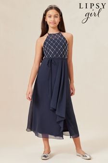 Lipsy Navy Blue Strap Maxi Pearl Occasion Dress (7-16yrs) (K69260) | $89 - $103