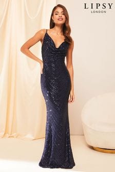 Lipsy Navy Blue Tall Paige Sequin Cami Cowl Bridesmaid Dress (K69294) | $227