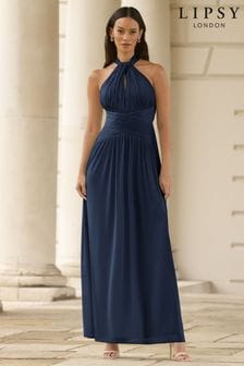 Lipsy Navy Blue Halterneck Keyhole Bridesmaid Maxi Dress (K69306) | kr1 610