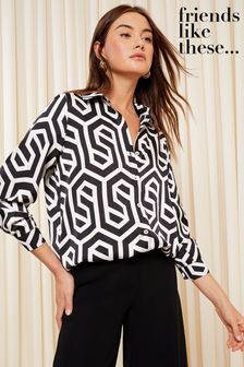 Friends Like These Black/White Printed Long Sleeve Button Through Satin Shirt (K69755) | $52
