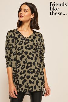 Friends Like These Khaki Green Leopard Animal Petite Soft Jersey V Neck Long Sleeve Tunic Top (K69758) | AED144