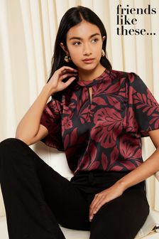 Friends Like These Burgundy Red Floral Printed Flutter Sleeve Keyhole Blouse (K69760) | SGD 53