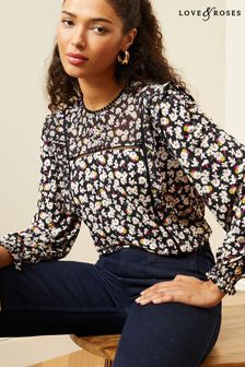 Love & Roses Black And Yellow Floral Long Sleeve Dobby Mix Jersey Blouse (K69767) | €49
