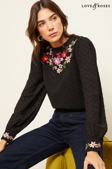 Love & Roses High Neck Lace Trim Long Sleeve Blouse