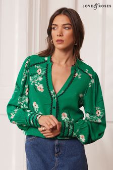 Grünes Blumenmuster - Love & Roses Bedruckte Bluse mit V-Ausschnitt und gewellter Bordüre (K69773) | 61 €