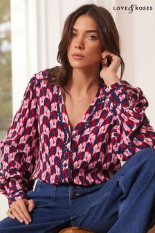 Love & Roses Pink Heart Petite Ric Rac Trim Printed V Neck Shirt (K69782) | 249 SAR