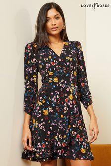 Love & Roses Black Floral Petite Jersey 3/4 Puff Sleeve Wrap Mini Dress (K69788) | 255 SAR