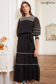Črna in bela - Love & Roses večslojna srednje dolga obleka s kontrastnimi šivi in pasom (K69878) | €66