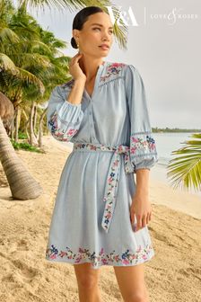 V&A | Love & Roses Blue Embroidery Linen Blend V Neck Lace Trim Belted Mini Dress (K69889) | €70