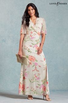 Love & Roses Ivory White Twist Front Flutter Sleeve Lace Insert Maxi Dress (K69900) | OMR49