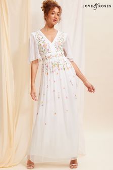 Love & Roses Ivory White Embellished Chiffon Flutter Sleeve Maxi Dress (K69902) | AED749