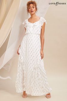 عاجي أبيض - فستان ماكسي بكشكشات ورباط خلفي، لون معدني من Love & Roses (K69903) | 471 د.إ