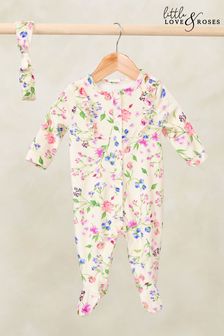 Love & Roses Cream Floral Velour Sleepsuit With Matching Headband (0-2yrs) (K70129) | €21