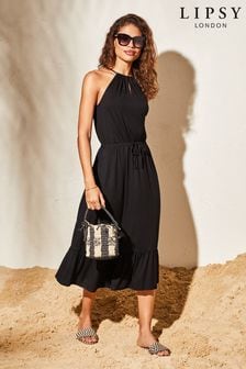 Lipsy Black Jersey Sleeveless Halter Holiday Shop Midi Dress (K70266) | $68