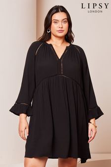 Lipsy Black Curve Long Sleeve Crinkle Smock Mini Dress (K70274) | kr440