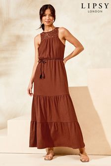 Lipsy Brown Crochet Hybrid Racer Tiered Holiday Summer Cover Up Dress (K70277) | €55
