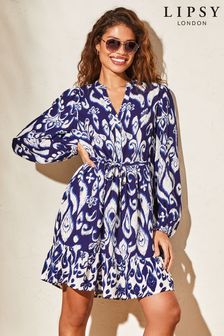 Lipsy Blue Printed Mini Smock Summer Shirt Dress (K70293) | kr452