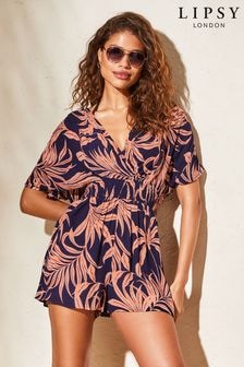 Lipsy Navy Palm Print V Neck Wrap Holiday Playsuit (K70298) | $58