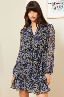 Love & Roses Grey Animal Printed Long Sleeve Zip Detail Belted Mini Dress (K70303) | €79