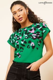 Love & Roses Green Animal Crew Neck Woven Trim Linen Look Jersey T-Shirt (K70532) | AED144
