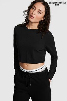 Victoria's Secret PINK Pure Black Cotton Slub Cropped Boxy Long Sleeve T-Shirt (K70618) | €15.50