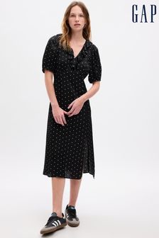 Črna - Gap srednje dolga obleka z napihnjenimi rokavi in naborki  (K70800) | €63