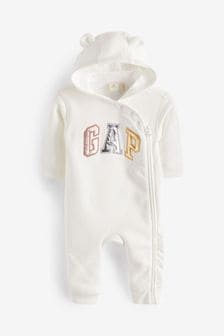 Gap White Metallic Logo Zip Up Sleepsuit (Newborn-12mths) (K70855) | €34