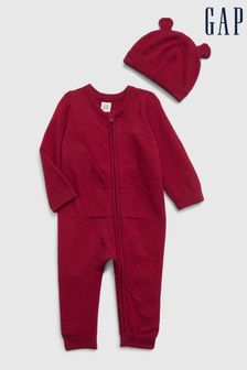 Roșu - Pijama întreagă și căciulă asortată cu Mânecă lungă Bebeluși Gap Cashsoft (K70859) | 209 LEI