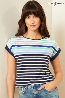 Love & Roses Blue Ombre Stripe Crew Neck Woven Trim Linen Look Jersey T-Shirt (K70909) | €27