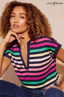 Love & Roses Navy Blue Rainbow Stripe Jersey V Neck Woven Trim Short Sleeve T-Shirt (K70911) | $45