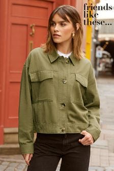Friends Like These Khaki Green Petite Cropped Utility Jacket (K70915) | AED277