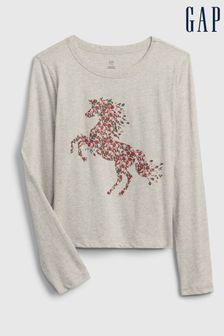 Gap Grey Floral Horse Organic Cotton Long Sleeve Crew Neck T-Shirt (4-13yrs) (K71061) | €14