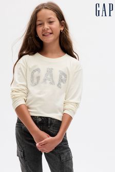 Gap Cream Metallic Logo Organic Cotton Long Sleeve Crew Neck T-Shirt (4-13yrs) (K71233) | €13.50