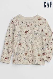 Gap Beige Monster Print Pocket Long Sleeve Crew Neck T-Shirt (12mths-5yrs) (K71254) | kr150