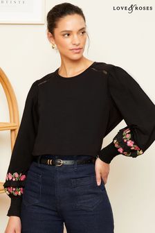 Love & Roses Black Embroidered Puff Sleeve Jersey T-Shirt (K71278) | SGD 62