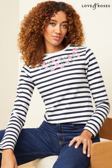 Love & Roses Ivory White Floral Embroidery Stripe Long Sleeve Jersey Top (K71429) | €46