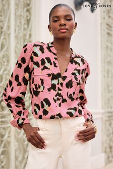 Love & Roses Pink Animal V Neck Utility Button Through Shirt (K71435) | R792