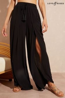 Love & Roses Black Petite Split Detail Beach Tie Front Trousers (K71453) | $51