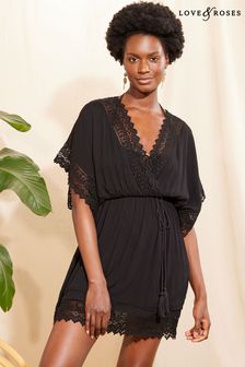 Love & Roses Lace Trim Belted Cover Up Kaftan