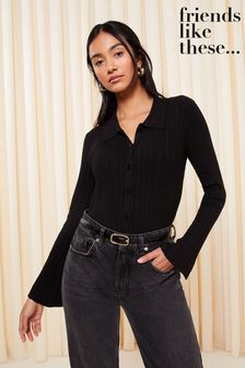 Friends Like These Black Knitted Ribbed Button Through Collar Top (K71801) | SGD 68