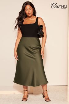 Curves Like These Khaki Satin Bias Midi Skirt (K72014) | €45