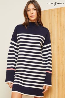Love & Roses Navy Blue Cosy Funnel Neck Button Shoulder Knitted Dress (K72051) | €72