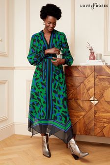 Love & Roses Green Animal Printed V Neck Belted Long Sleeve Midi Dress (K72093) | €83